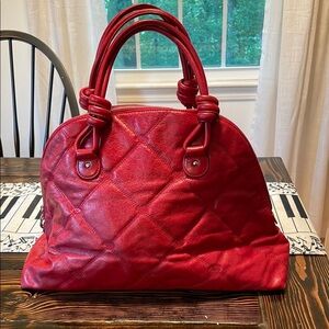 Oscar de la Renta Red Signature Quilted Leather Knotted Handle Shoulder Bag